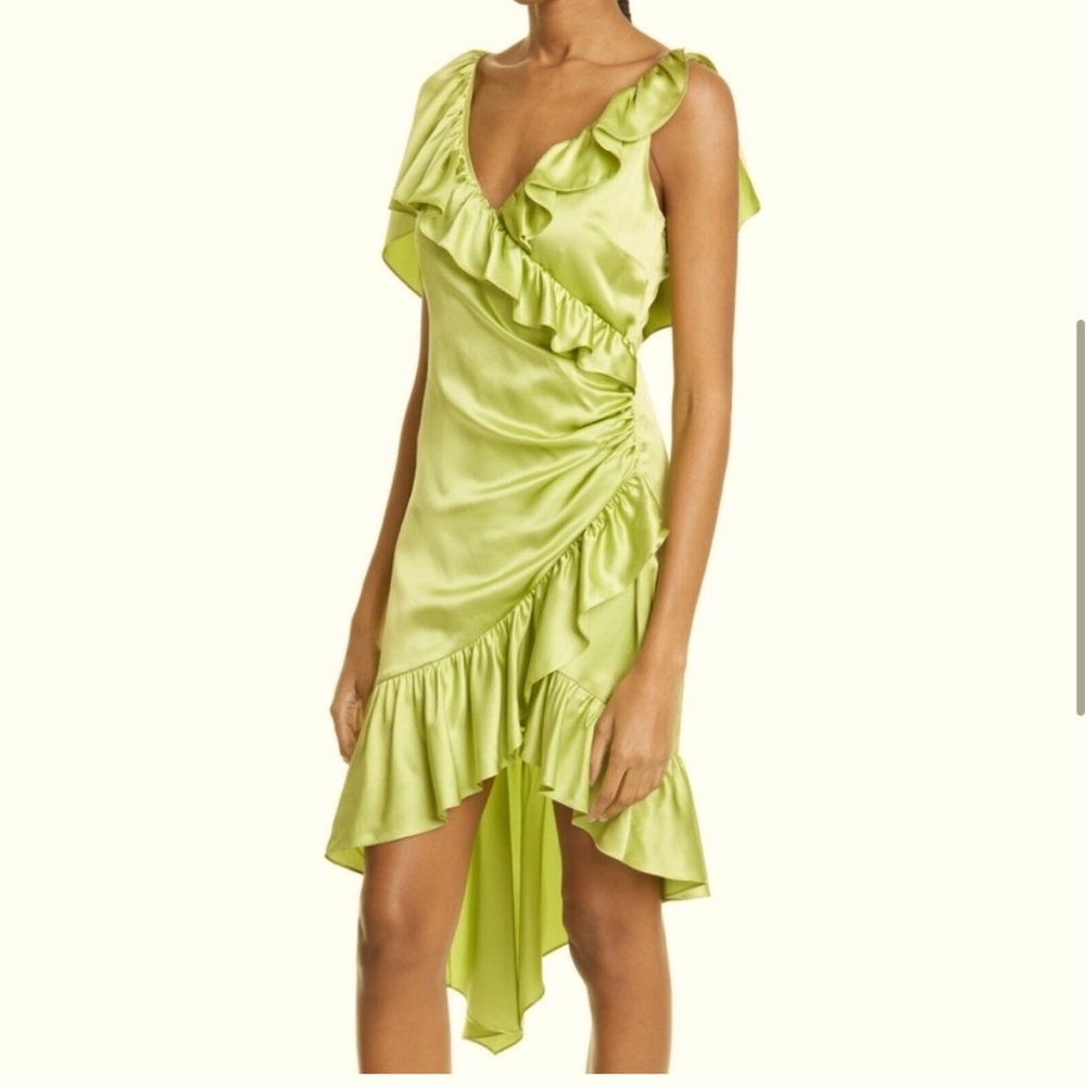 Cinq á Sept Silk Dress Green V-Neck Wrap Midi Asymmetrical Hem Dress
